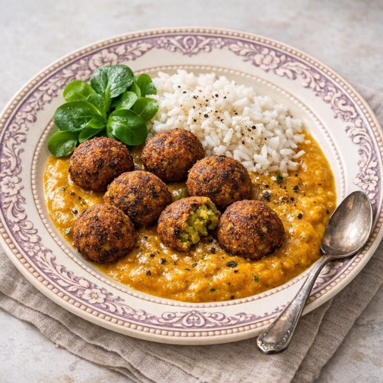 { "alt_text": "Karrykrydret grøntsagssauce med falafler og ris i hvid skål: gylden, blank sauce, sprøde mørkgyldne falafler og løse, hvide ris i blødt naturligt lys", "file_name": "karrykrydret-grontsagssauce-med-falafler-og-ris-5372" }