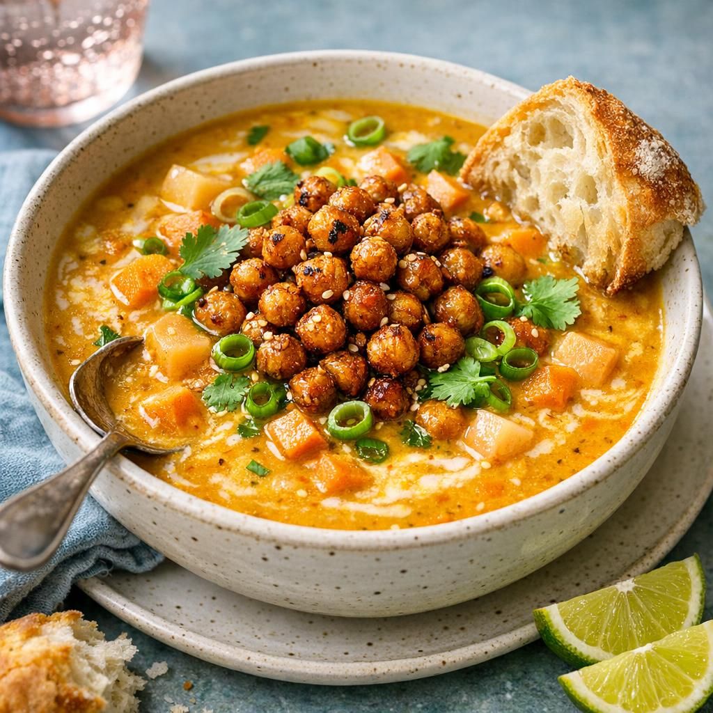 Karrysuppe med fersken og sprøde kikærter