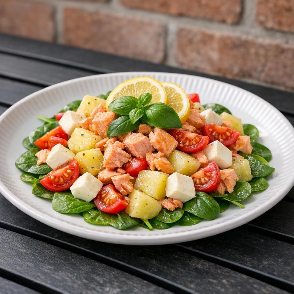 Kartoffelsalat med bagt laks, tomat og mozzarella