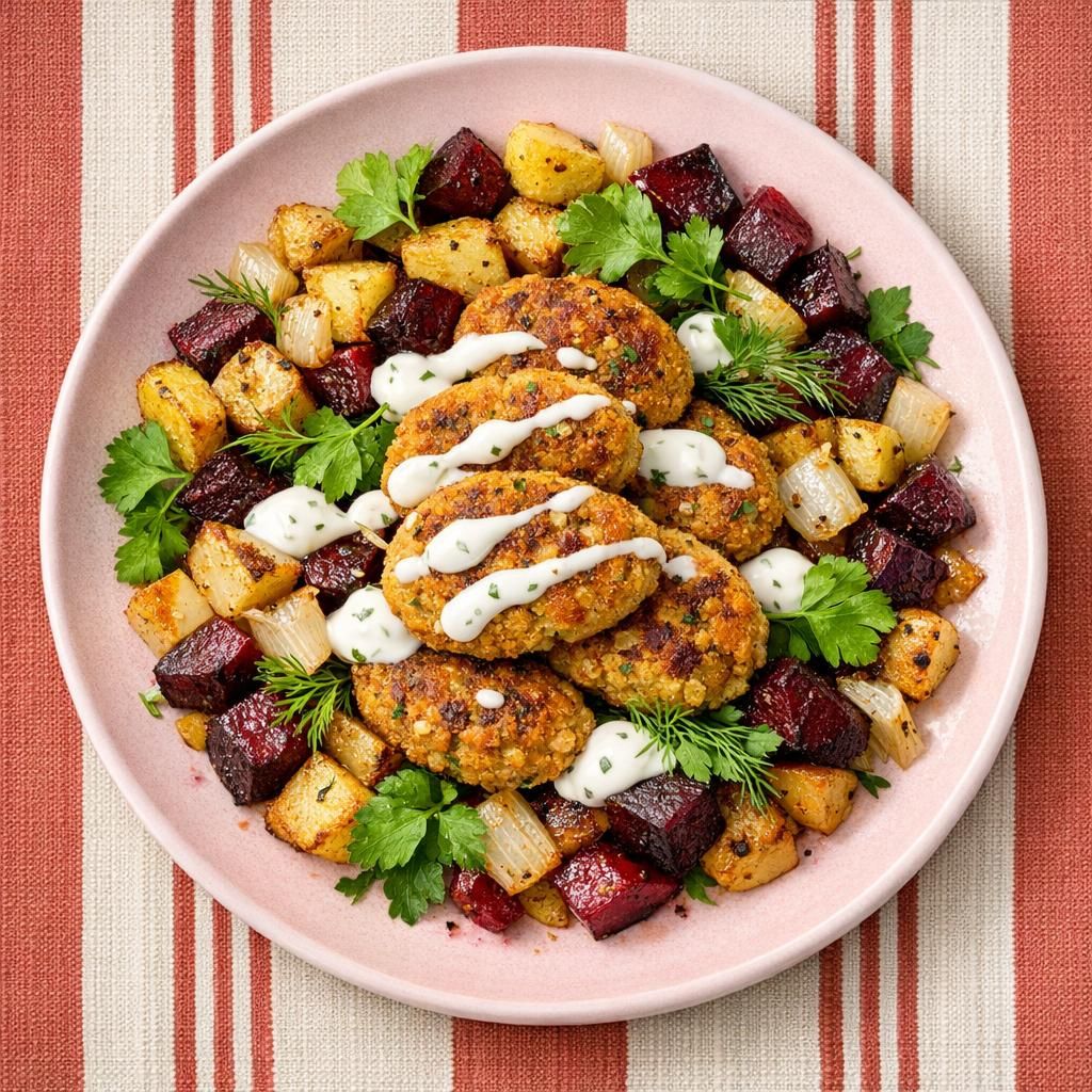 Kikærtefrikadeller med feta og ovnbagte rodfrugter