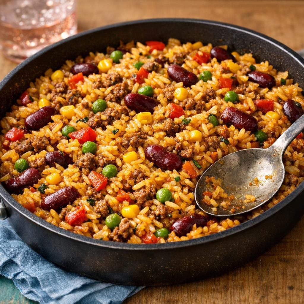 Krydret risgryde med oksekød, bønner og kokos