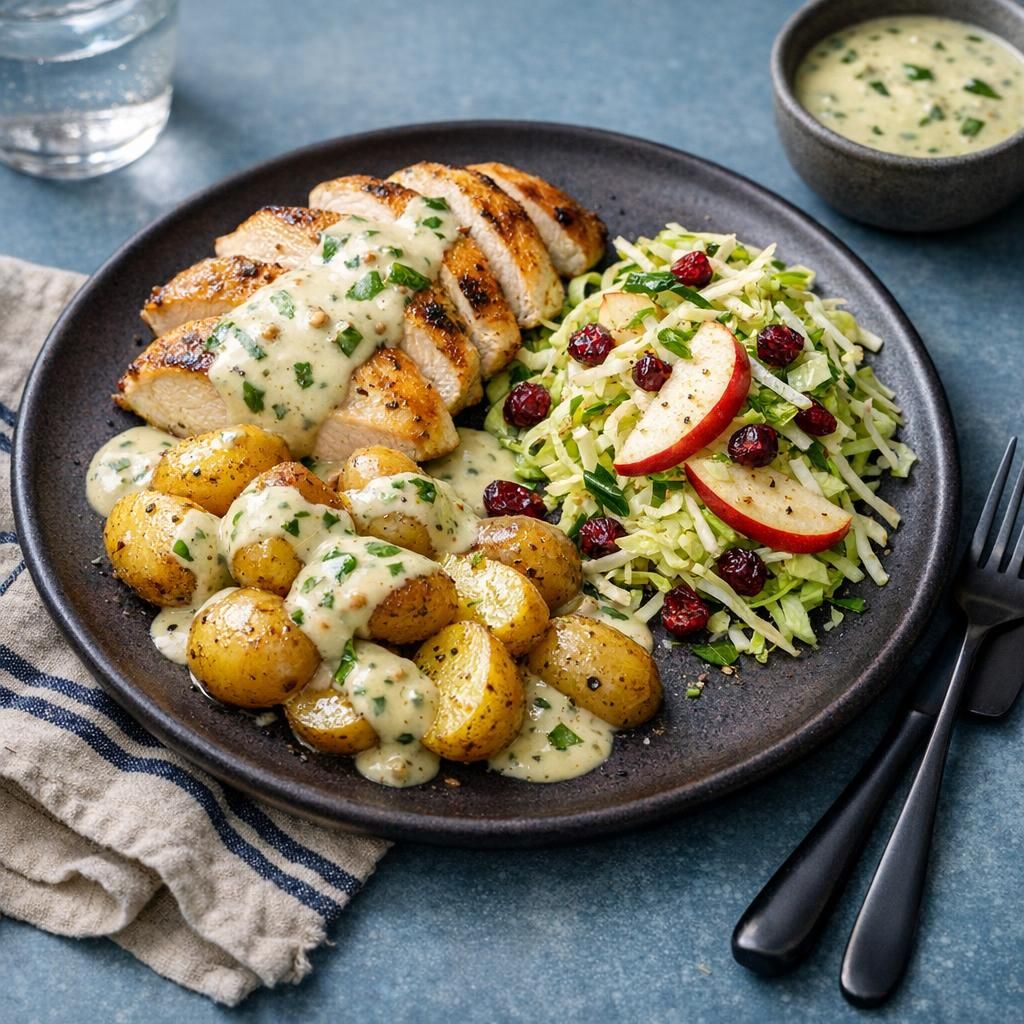 Kylling i cremet basilikumsauce med kartofler og tranebær-kålssalat