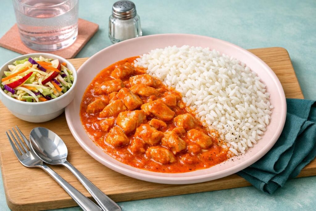 Kyllinge-paprikagryde med ris og sprød æble-kålsalat