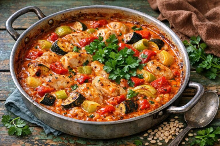 { "alt_text": "Kyllingefad i hvidt ovnfad med cremet tomat og pikant flødeost, porrer, rød peber og squash; perlebyg i baggrunden", "file_name": "kyllingefad-med-pikant-flodeost-og-perlebyg-6382" }