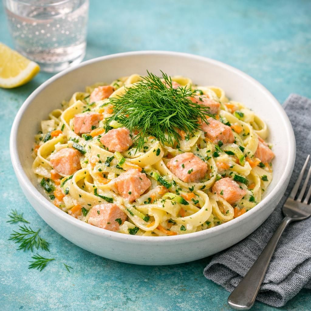 Laksepasta med zucchini, gulerod og dild