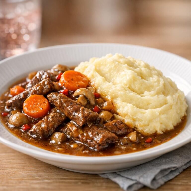 { "alt_text": "Langtidssimret flanksteakgryde med glinsende brun sauce og gulerodsstykker serveret delvist over cremet kartoffelmos i hvid skål, set skråt oppefra", "file_name": "langtidssimret-flanksteakgryde-med-kartoffelmos-4821" }