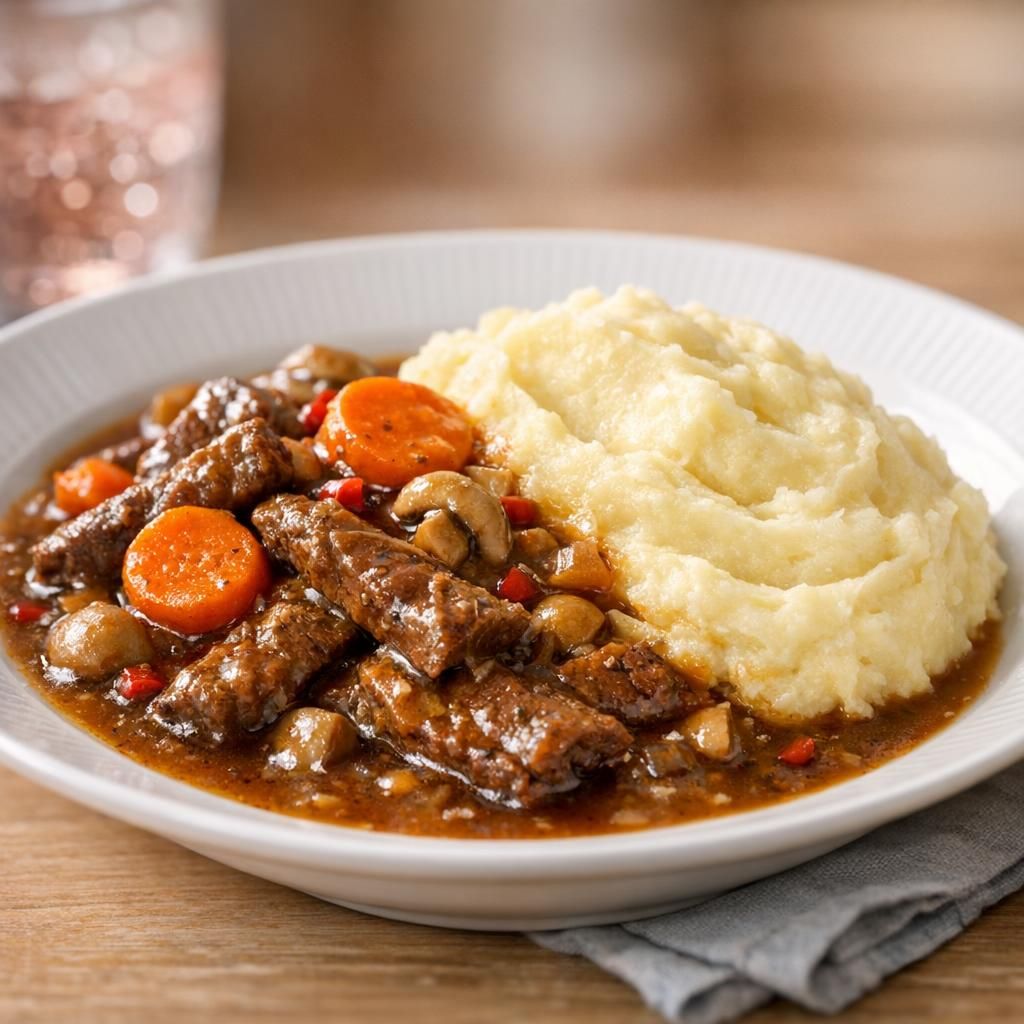 Langtidssimret flanksteakgryde med kartoffelmos