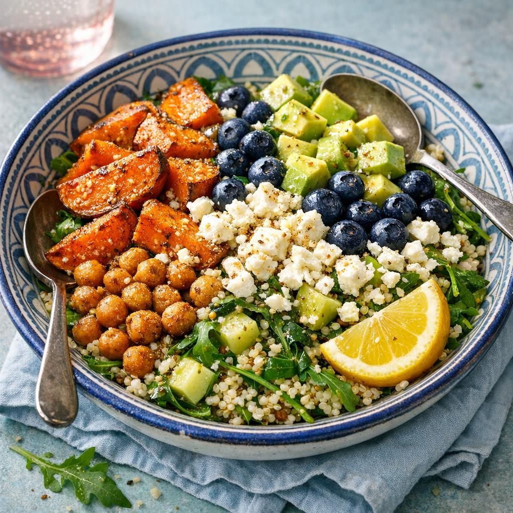 Mættende salat med sød kartoffel, quinoa, kikærter og feta