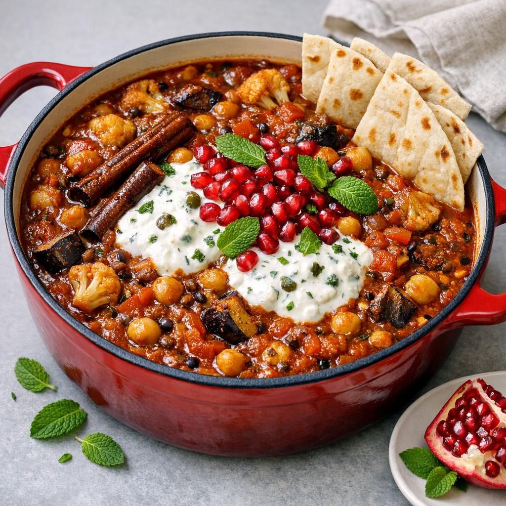 Marokkansk kikærtegryde med krydrede ris og mynteyoghurt