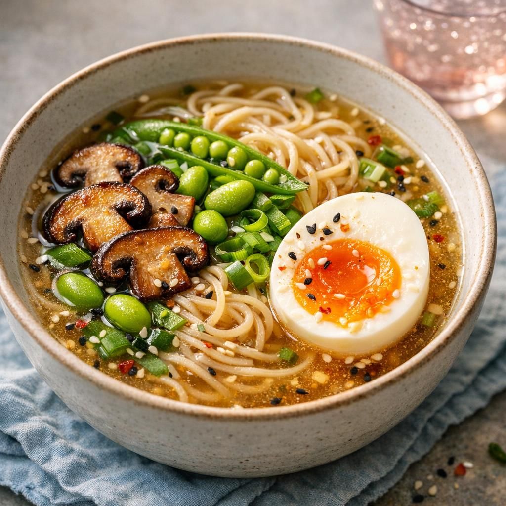 Misosuppe med nudler, grøntsager og æg