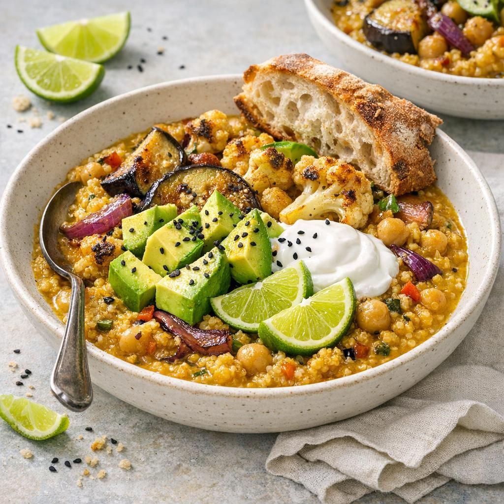 One pot quinoa med karry og bagte grøntsager