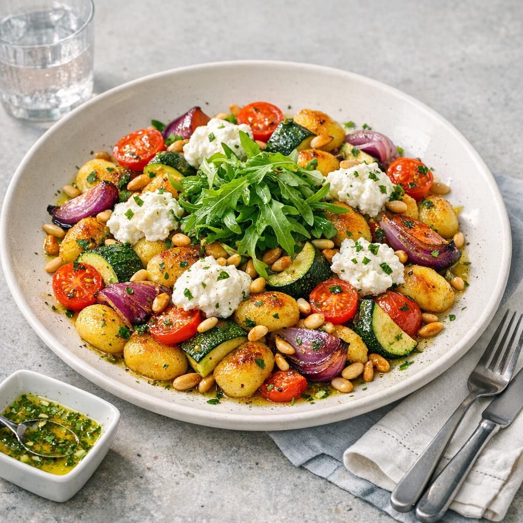 Ovnbagt gnocchi med laks, grøntsager og citrus-ricotta