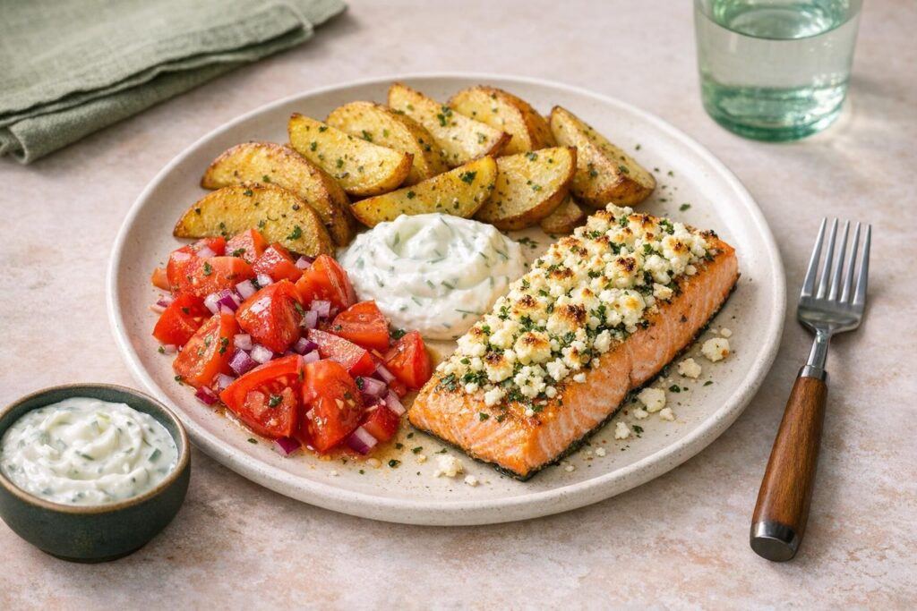Ovnbagt laks med feta, citruskartofler og tzatziki
