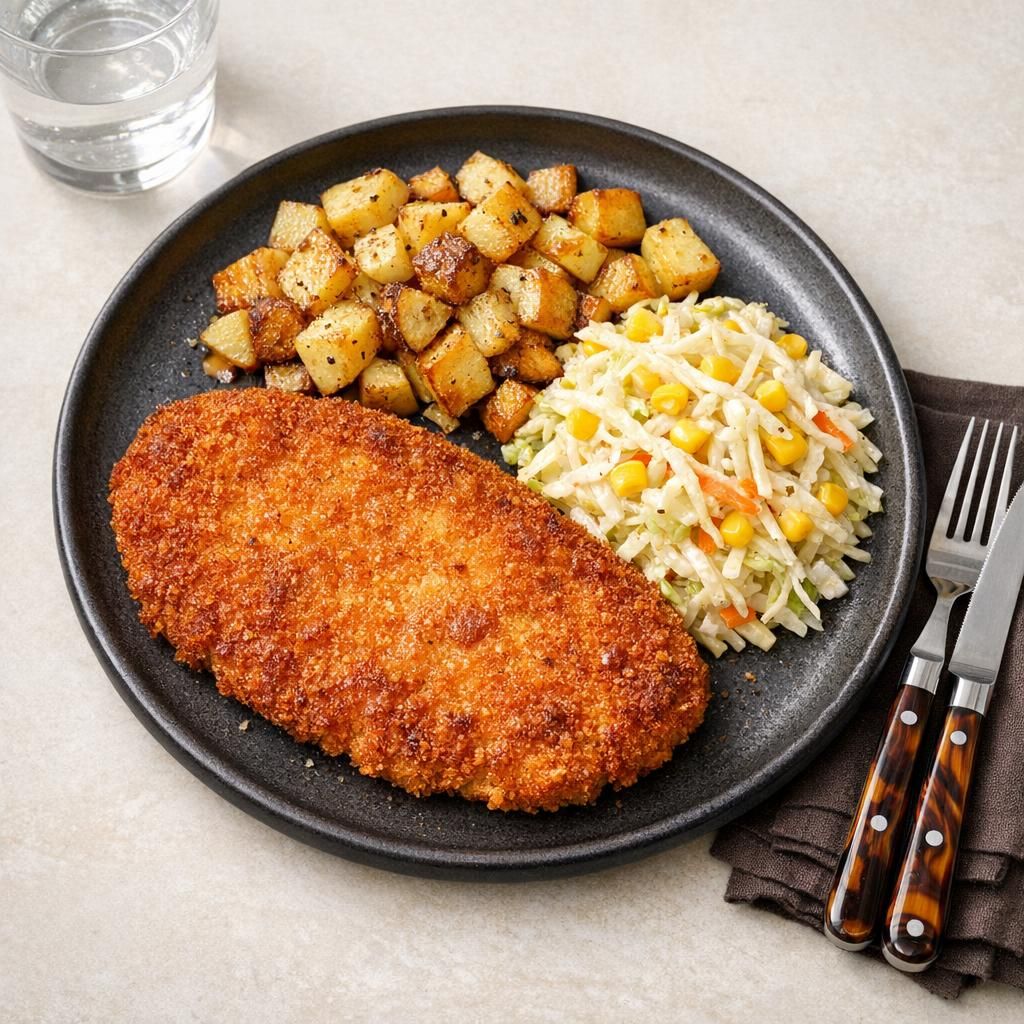 Pankopaneret svineschnitzel med rodfrugter og majsslaw