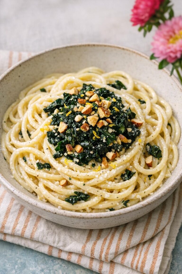 { "alt_text": "Nærbillede af fusilli i cremet citron-ricotta med palmekål og ristede mandler i en lav offwhite skål", "file_name": "pasta-med-palmekal-og-cremet-citron-ricotta-4729" }