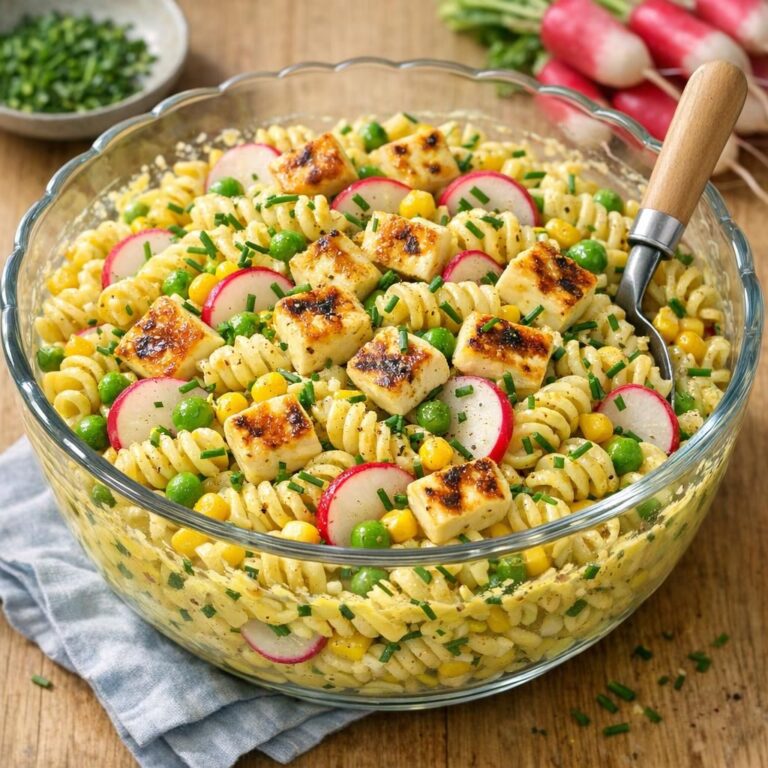 { "alt_text": "Pastasalat med karrycreme, grønne ærter, majs, radiser og gyldenstegt grillost i en hvid skål, toppet med purløg", "file_name": "pastasalat-med-karrycreme-og-grillost-4827" }