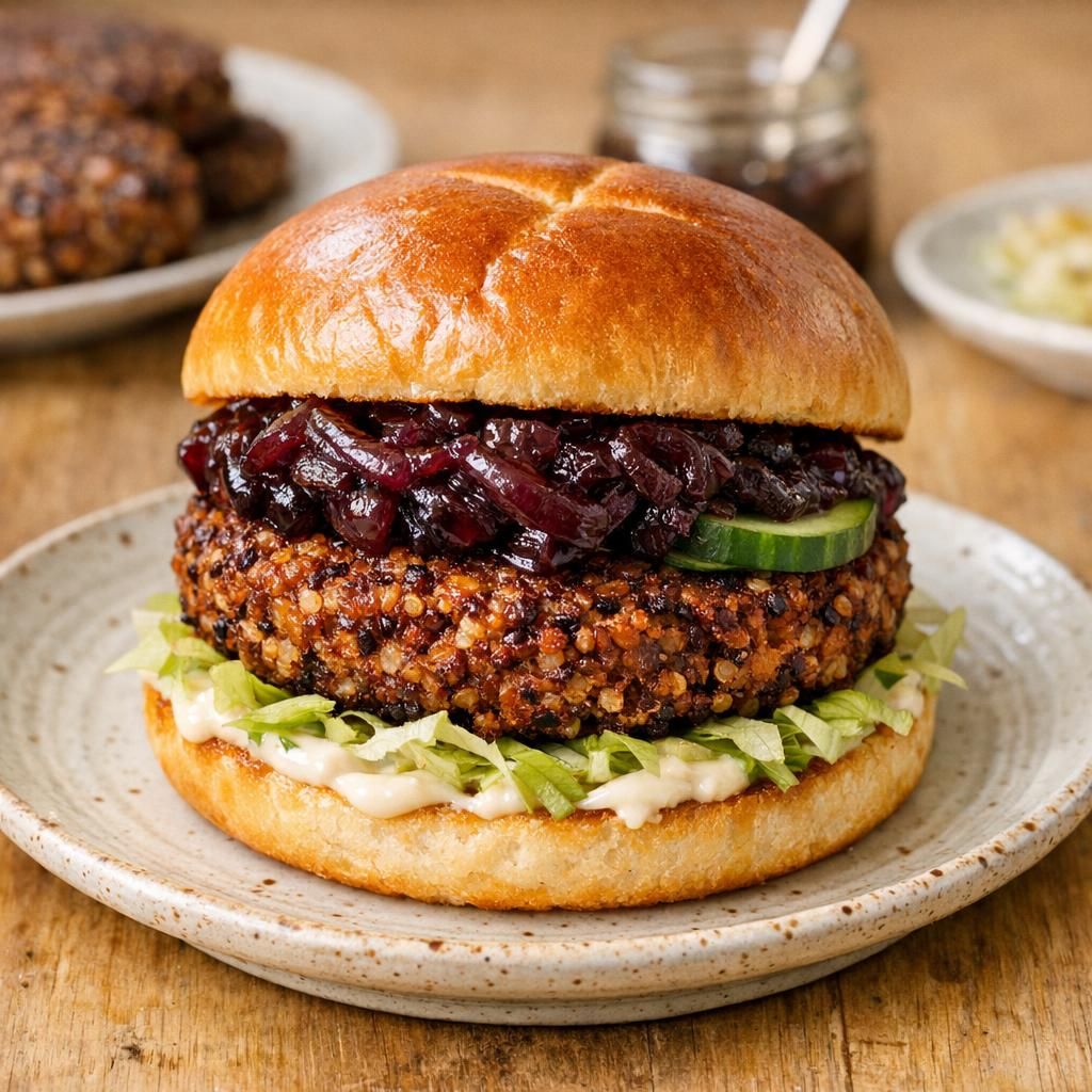 Quinoaburger med rødløgschutney og cheddar
