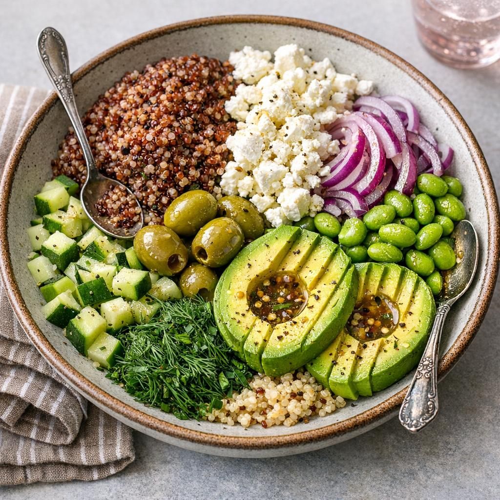 Quinoasalat med edamame, feta og avocado
