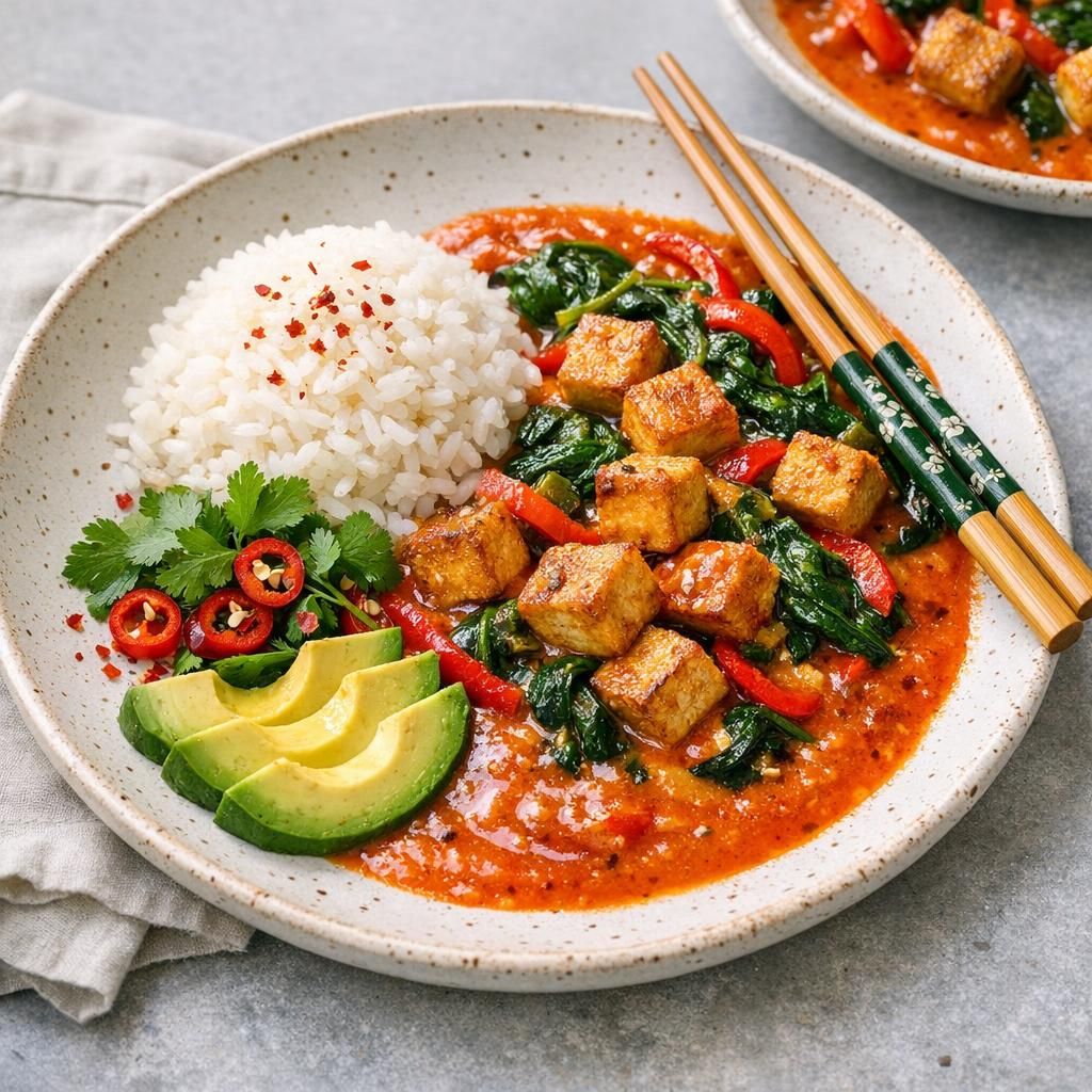 Rød kokoskarry med tofu, grønt og mangosauce