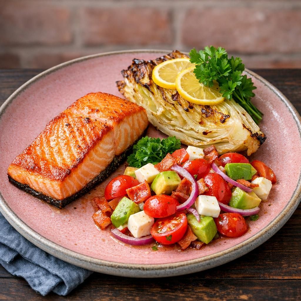 Smørstegt laks med tomat-avocadosalat og ovnbagt spidskål