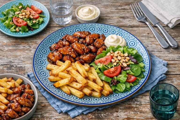 { "alt_text": "Soja-honningglaseret kylling, sprøde fritter, grøn salat med peanuts og tomat samt hvidløgsmayo på hvid tallerken", "file_name": "soja-honningkylling-med-peanutsalat-fritter-og-hvidloegsmayo-4837" }