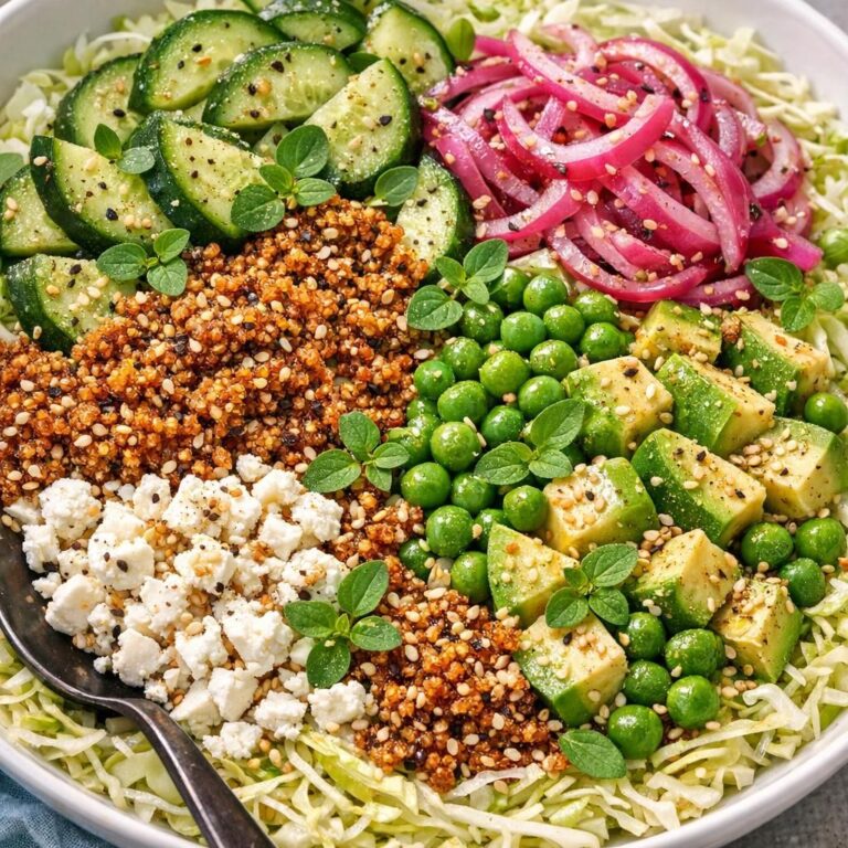 { "alt_text": "Spidskålssalat med feta, avocado, agurk, grønne ærter og sprød quinoa, toppet med syltet rødløg og sesam i en hvid serveringsskål", "file_name": "spidskalssalat-med-feta-og-sprod-quinoa-4837" }