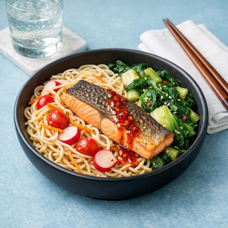 { "alt_text": "Stegt ørred med sprødt skind på nudelsalat med pak choi, gulerod og radiser, toppet med sød chilisauce på hvid tallerken", "file_name": "stegt-orred-med-nudelsalat-pak-choi-og-sod-chilisauce-4827" }