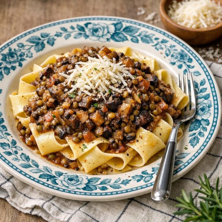 { "alt_text": "Dyb hvid skål med pappardelle under rustik svamperagout med linser, toppet med revet parmesan, peber og fine urter på sløret træbord", "file_name": "svamperagout-med-linser-og-frisk-pappardelle-3847" }