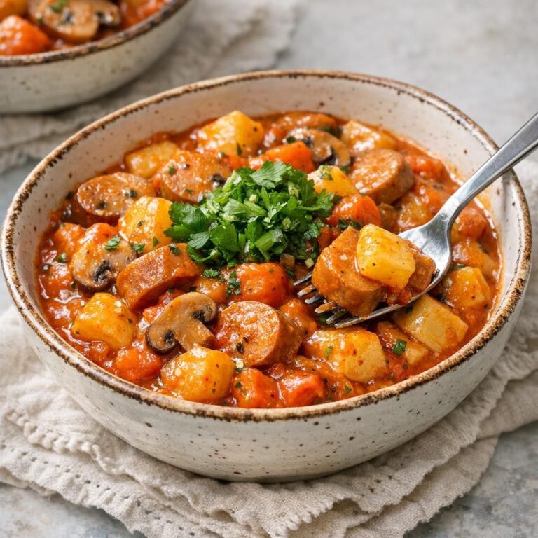 { "alt_text": "Svensk pølseret med ekstra grøntsager i cremet orange-rød sauce med kartofler, gulerod, knoldselleri, svampe og skiver af vegetarisk pølse, toppet med friske urter", "file_name": "svensk-polseret-med-ekstra-grontsager-5289" }