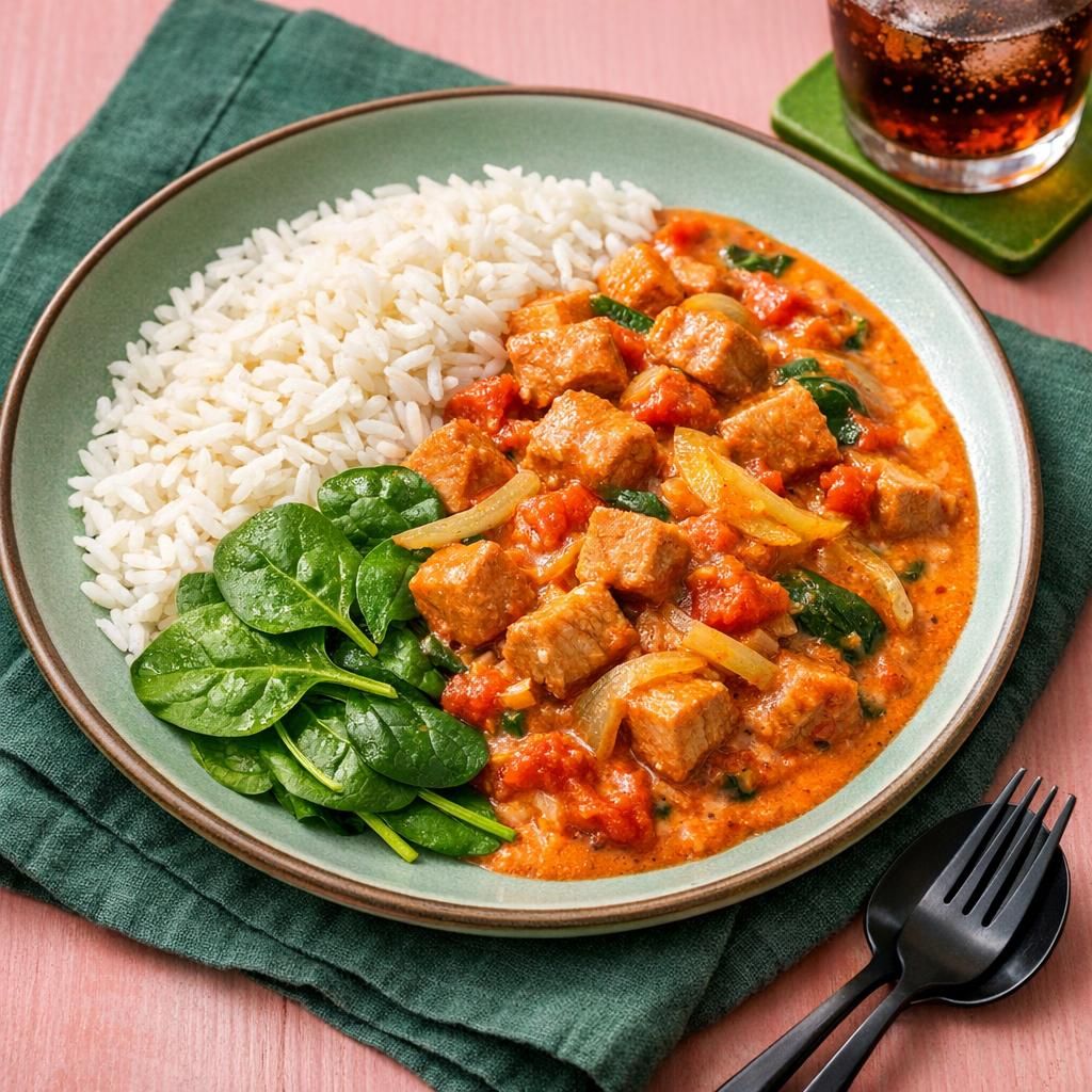 Svinekødsgryde med røget paprika, spinat og ris