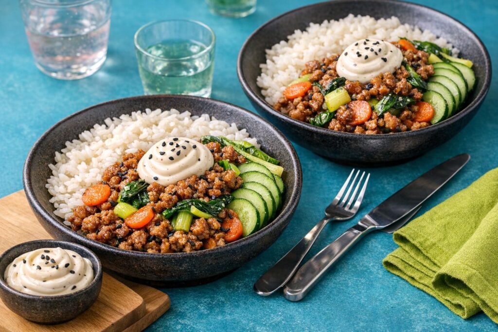 Sydøstasiatisk svine- og kalvewok med hvidløgsris