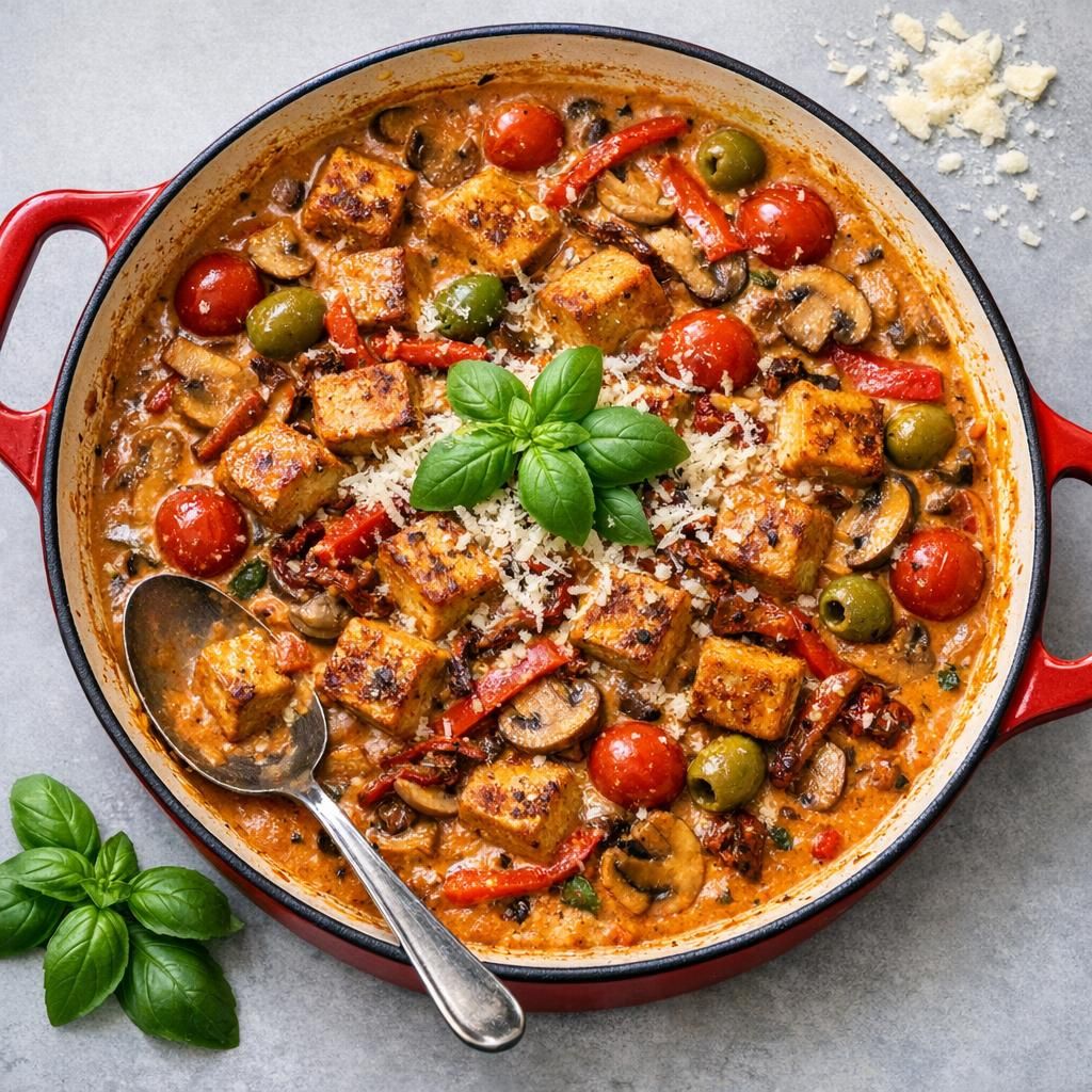 Tofu i krydret flødesauce med svampe og tomater