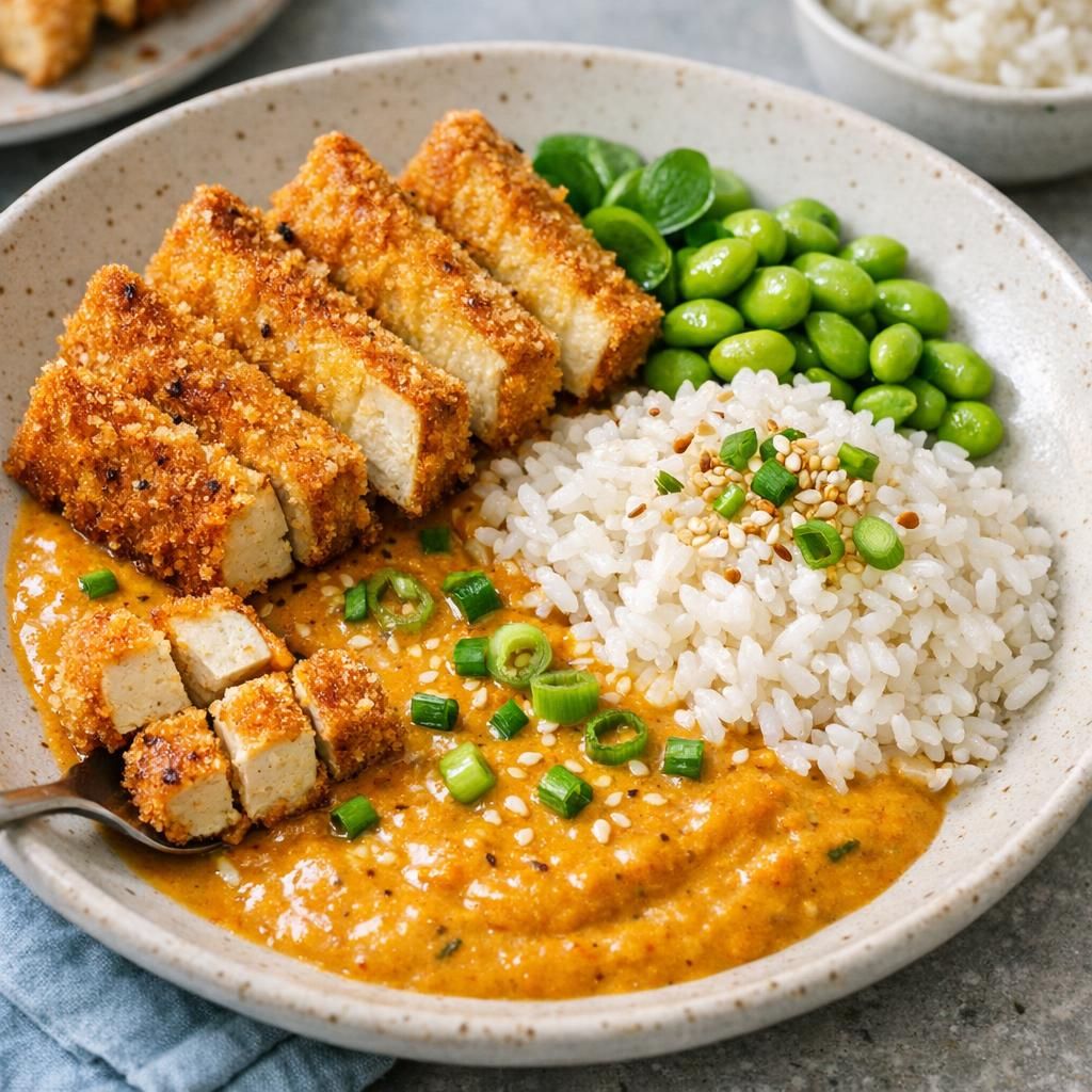 Tofu katsu med cremet grøntsags-karrysovs og ris