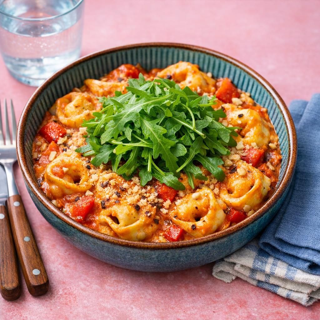 Tortellonigratin i cremet tomatsauce med rucola