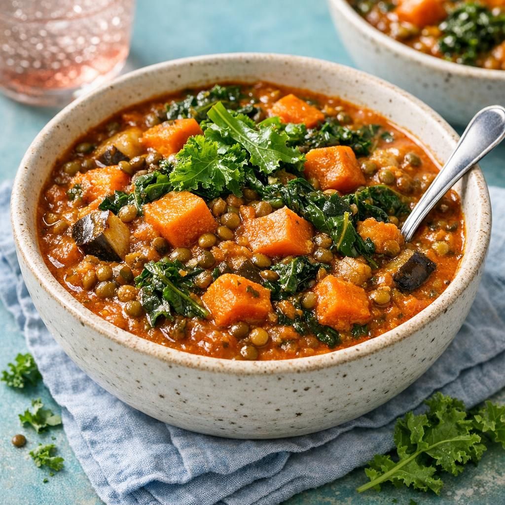 Vegansk linsegryde med sød kartoffel og grønkål