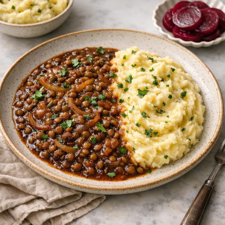 { "alt_text": "Vegetarisk millionbøf: kartoffelmos med tyk brun linse- og løgsauce på hvid tallerken, set skråt oppefra i blødt naturligt lys", "file_name": "vegetarisk-millionbof-med-linser-og-kartoffelmos-4832" }