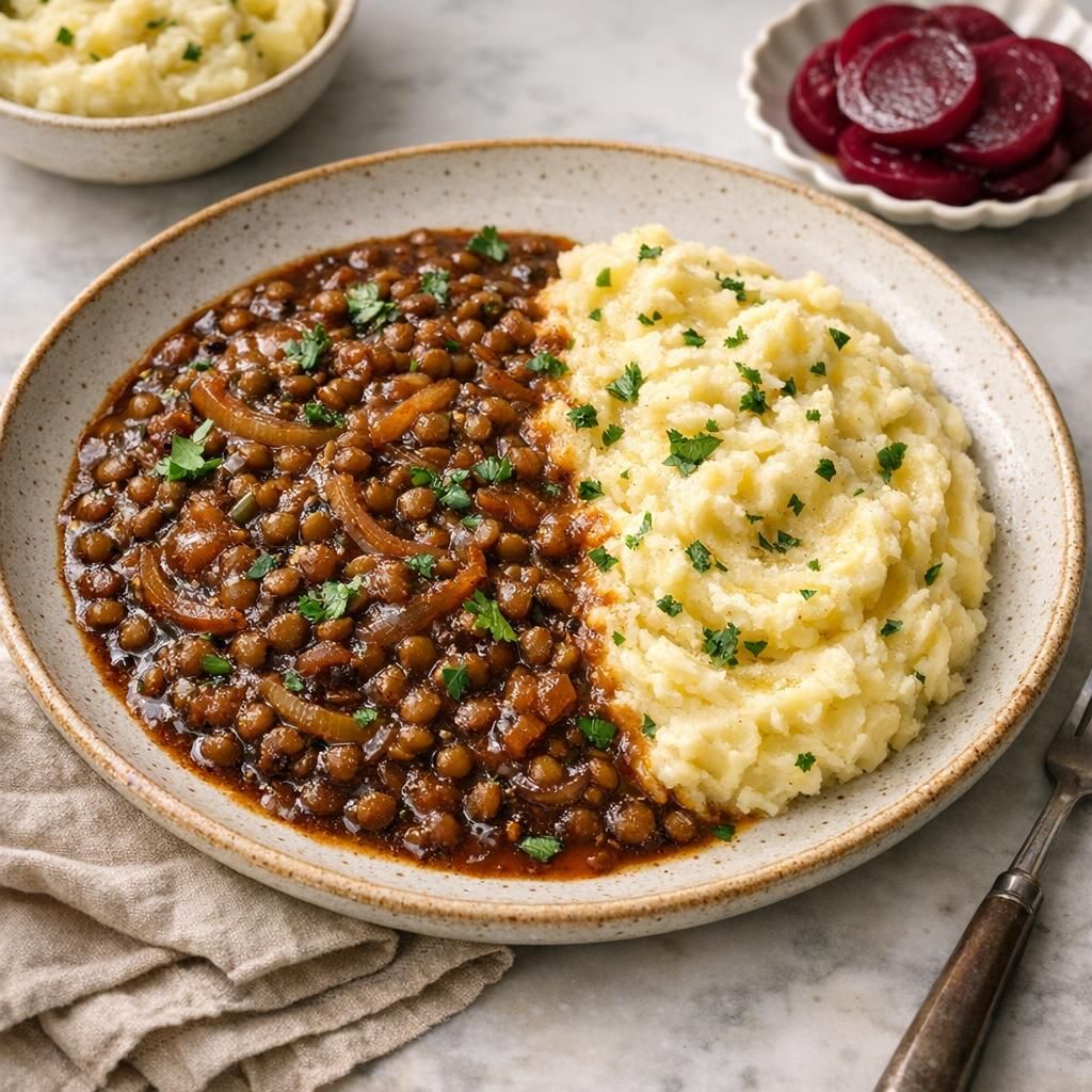 Vegetarisk millionbøf med linser og kartoffelmos