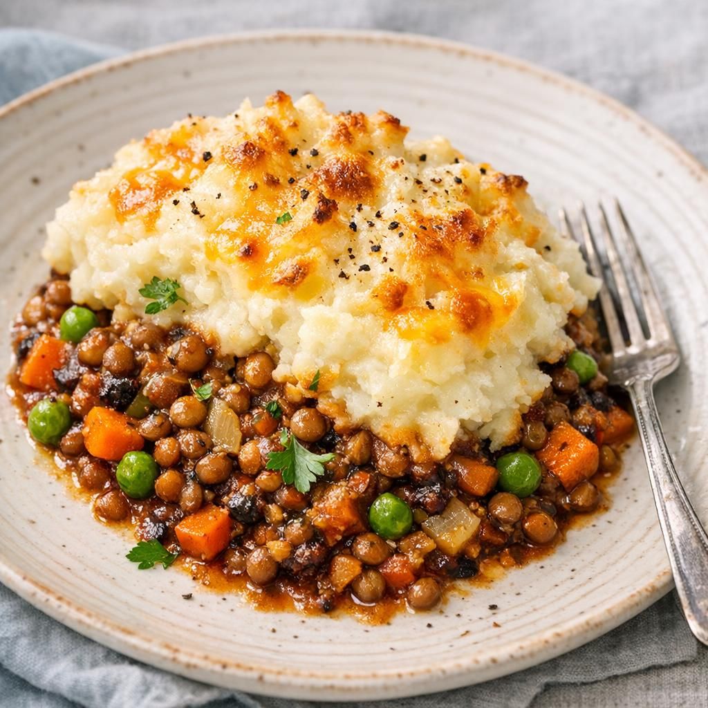 Vegetarisk shepherd’s pie med linser og kartoffelmoslåg