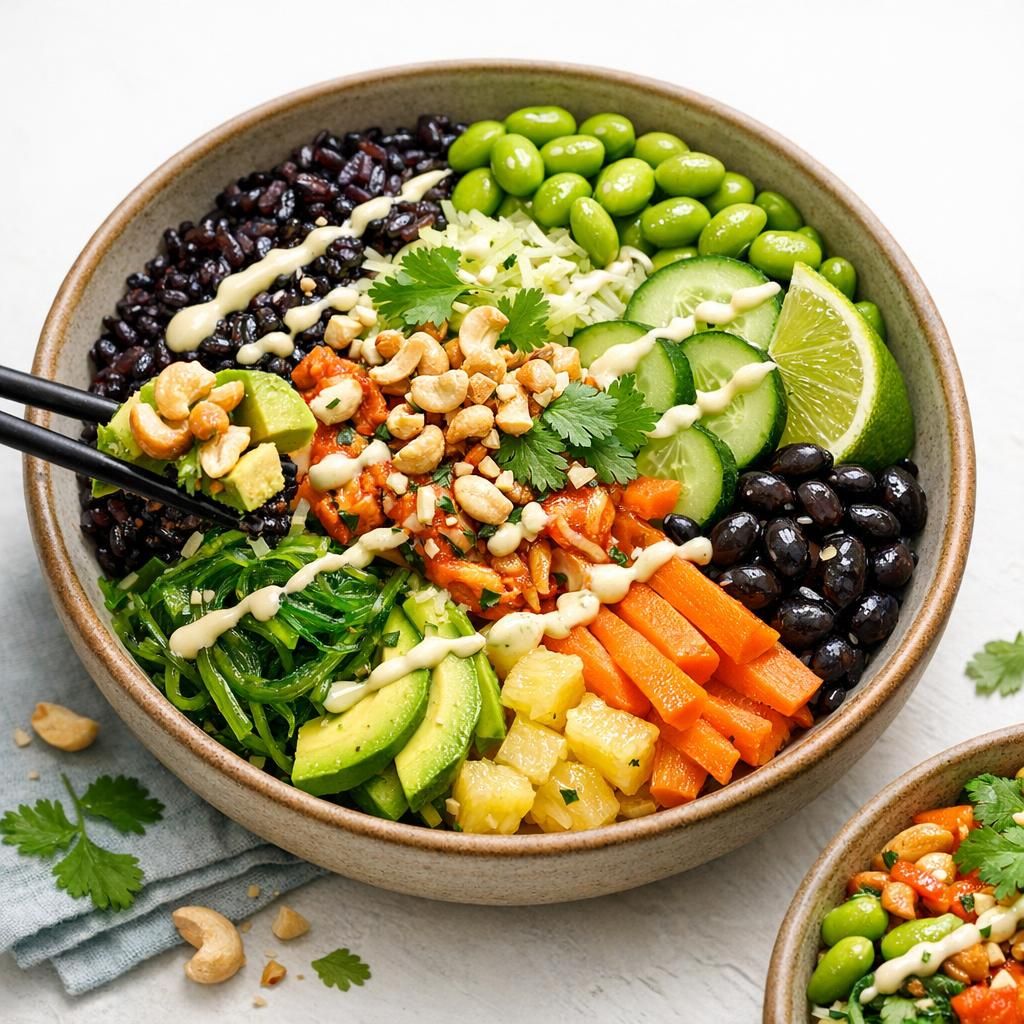 Vegetarisk sushi bowl med tangsalat og wasabi-mayo