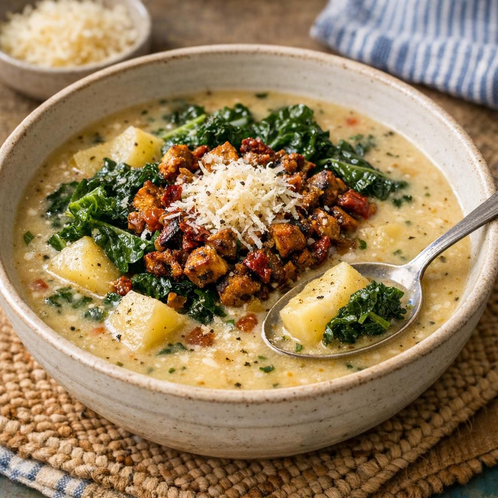 Vegetarisk Zuppa Toscana med karamelliseret tofu
