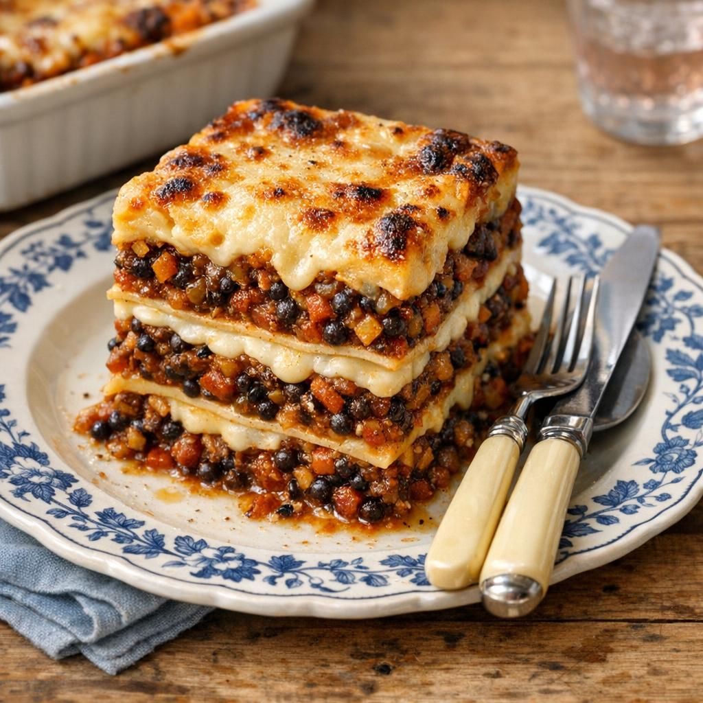 Vegetarlasagne med belugalinser og cremet ostesauce