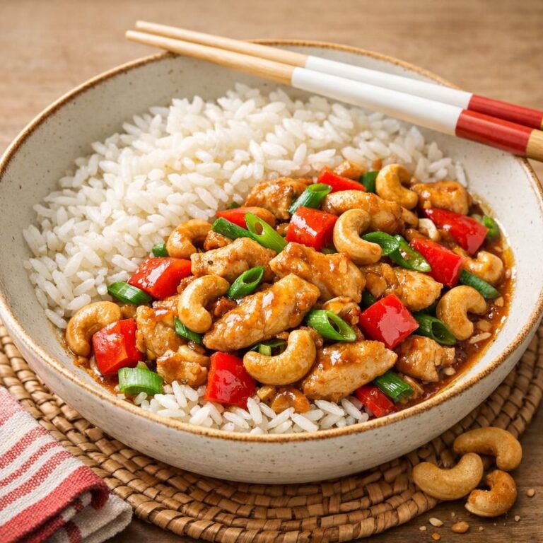 { "alt_text": "Asiatisk kylling med cashewnødder over hvid ris med rød peber og forårsløg, set skråt oppefra i blødt lys", "file_name": "asiatisk-kylling-med-cashewnodder-og-ris-5273" }