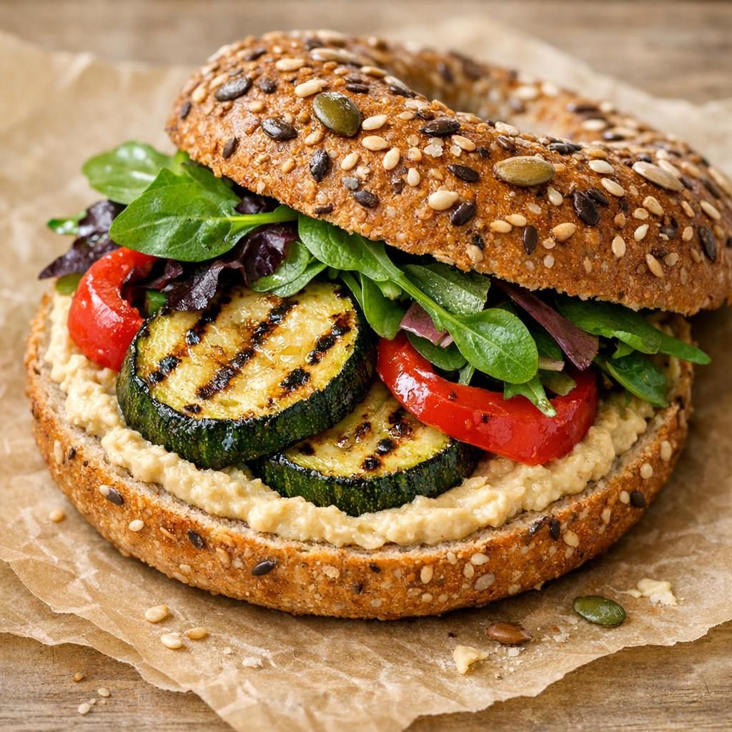 Bagel med hummus og grillet squash