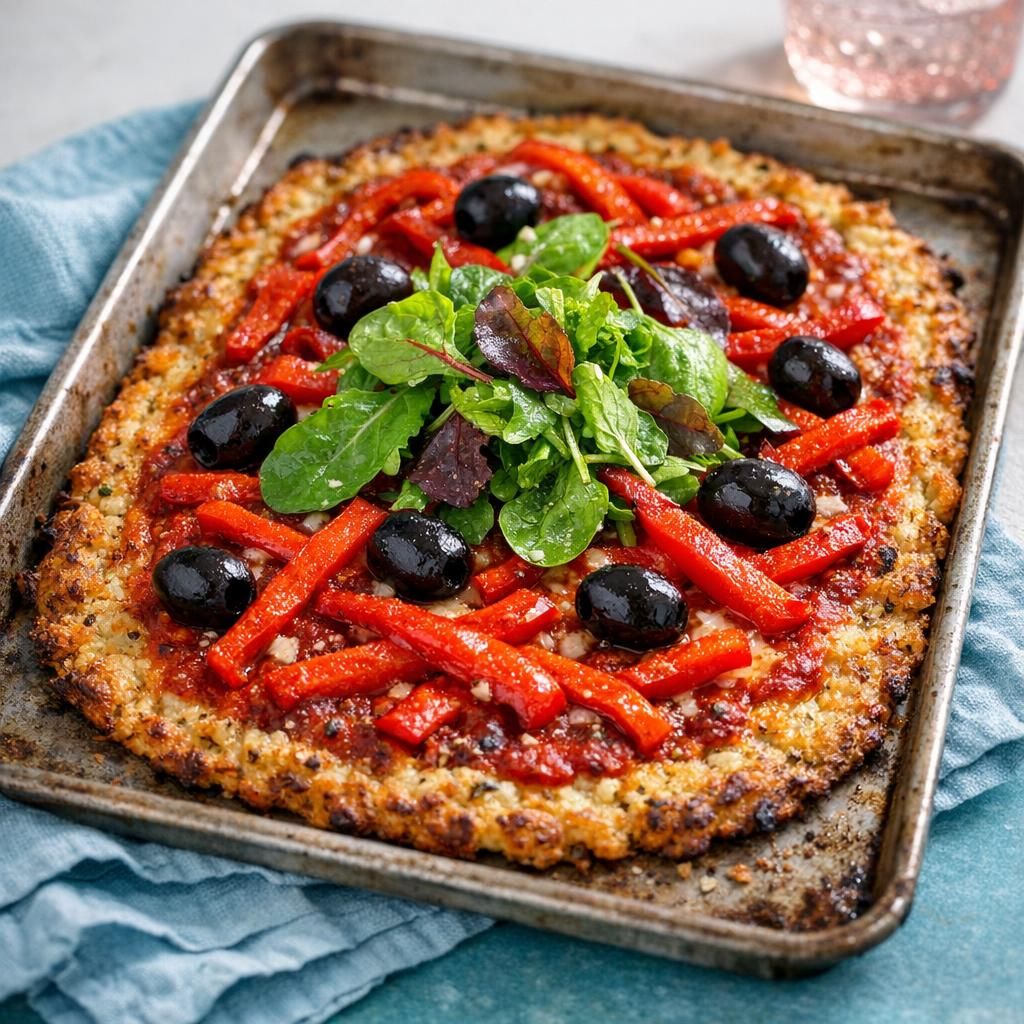 Blomkålspizza med peberfrugt, oliven og grøn topping