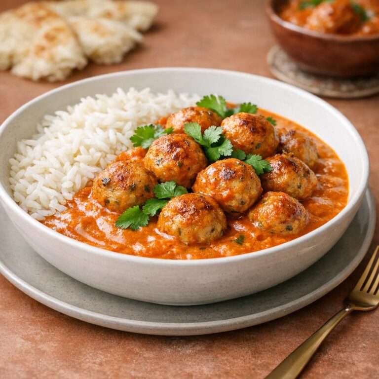 { "alt_text": "Butter chicken-inspirerede kyllingekødboller i cremet tomatsauce over basmatiris, pyntet med frisk koriander", "file_name": "butter-chicken-inspireret-kyllingekoedboller-i-cremet-tomatsauce-4827" }