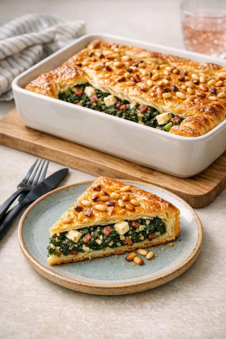 { "alt_text": "Butterdejstærte med spinat, feta og sprød bacon i hvid rektangulær form; gylden, sprød butterdej med synligt spinatfyld, feta, bacon og ristede pinjekerner, set skråt oppefra", "file_name": "butterdejstaerte-med-spinat-feta-og-sproed-bacon-5372" }