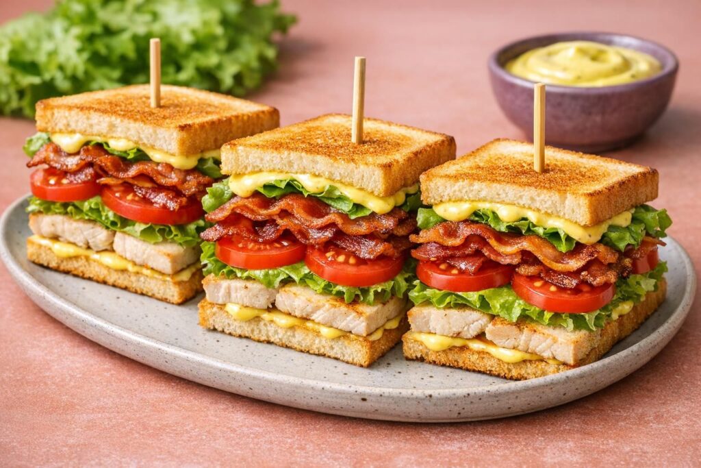 Club sandwich med kylling, bacon og karrydressing