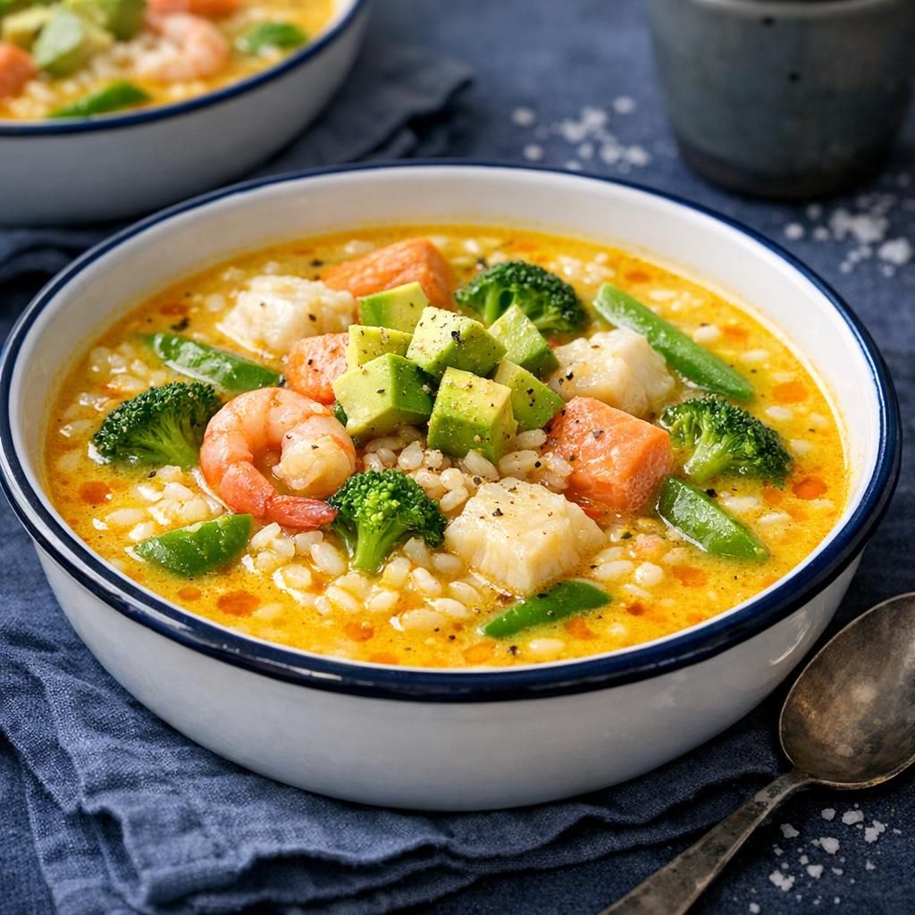 Cremet fiskesuppe med torsk, laks, rejer og safran