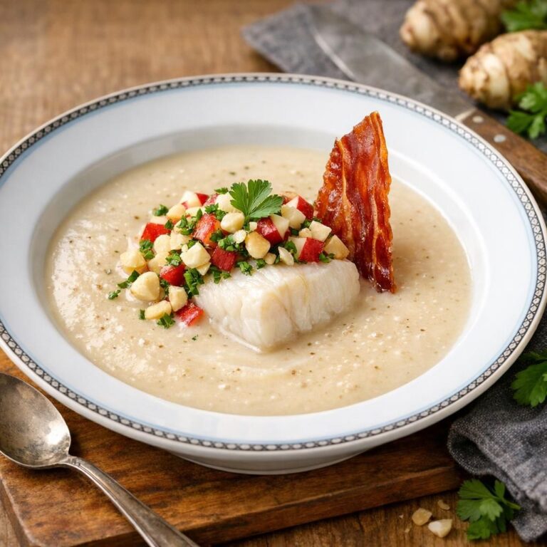 { "alt_text": "Cremet jordskokkesuppe med saftig torsk, æbletern, macadamianødder, persille og sprød serranoskinke på hvid tallerken", "file_name": "cremet-jordskokkesuppe-med-torsk-og-aebleknas-4827" }