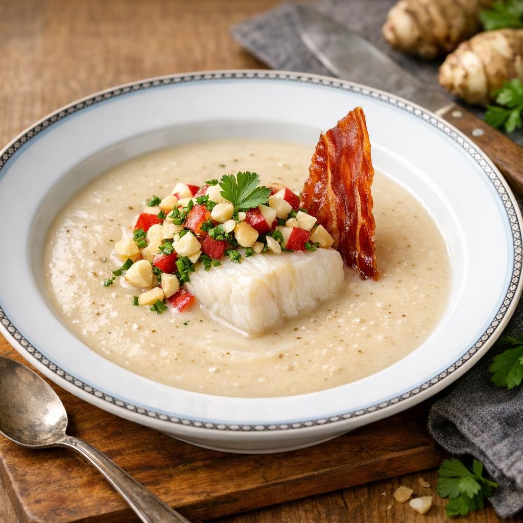 Cremet jordskokkesuppe med torsk og æbleknas